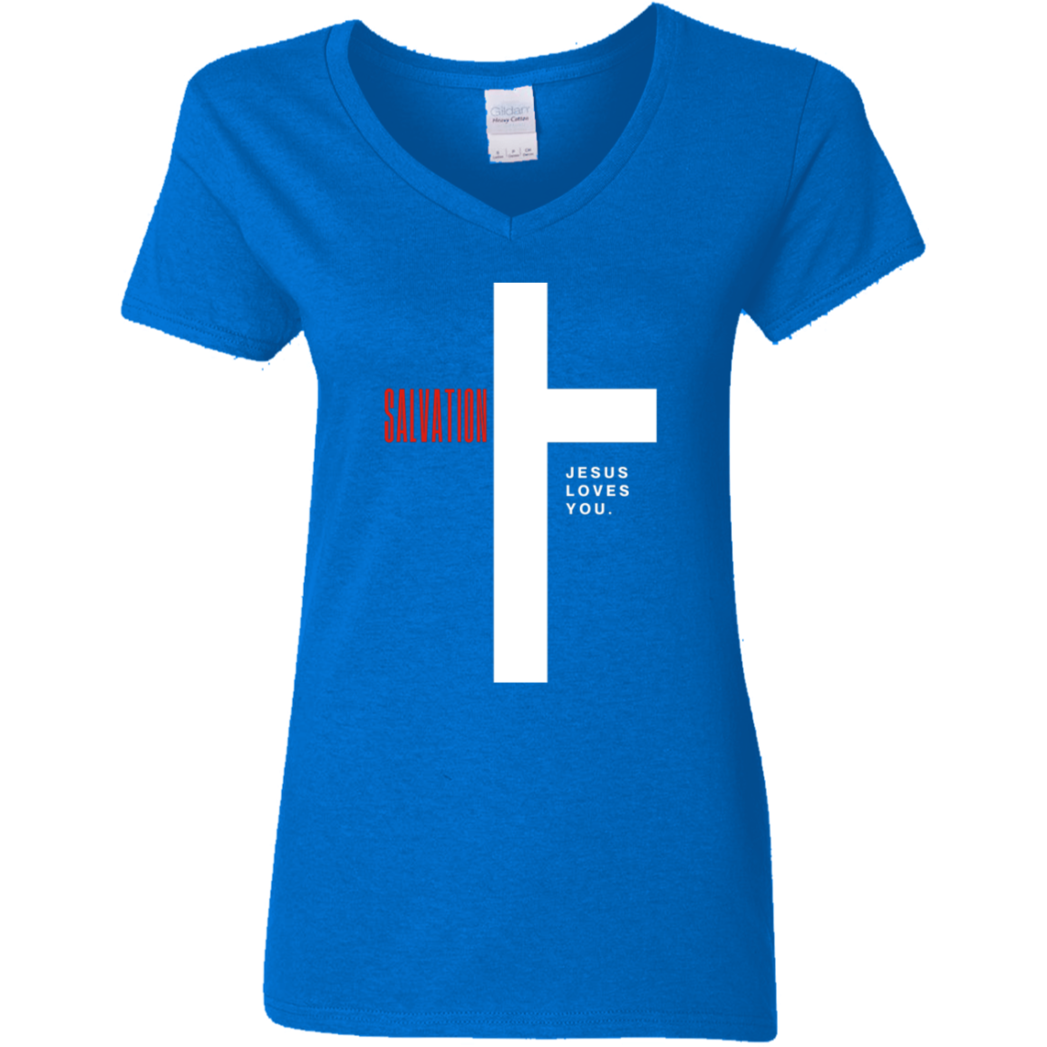 Salvation White Detailed Ladies' 5.3 oz. V-Neck T-Shirt