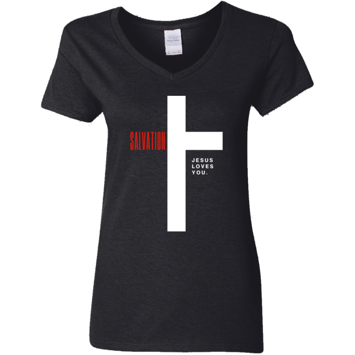 Salvation White Detailed Ladies' 5.3 oz. V-Neck T-Shirt