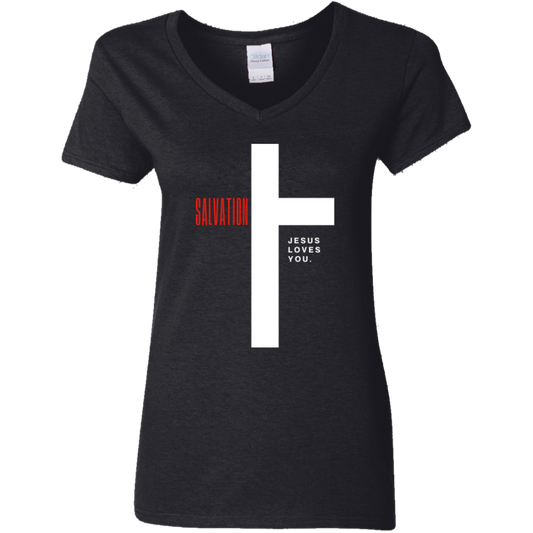 Salvation White Detailed Ladies' 5.3 oz. V-Neck T-Shirt