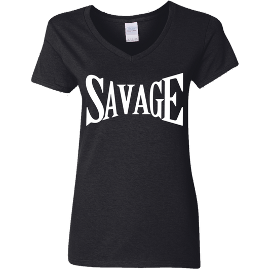 Savage White Detailed Ladies' 5.3 oz. V-Neck T-Shirt