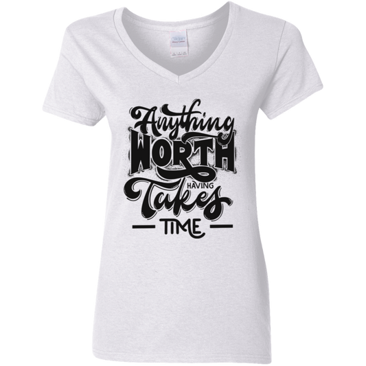 Anything Worth... Black Detailed Ladies' 5.3 oz. V-Neck T-Shirt