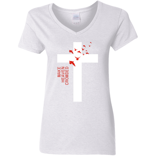 Crowded White Detailed Ladies' 5.3 oz. V-Neck T-Shirt