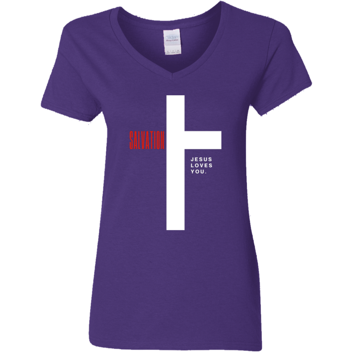 Salvation White Detailed Ladies' 5.3 oz. V-Neck T-Shirt