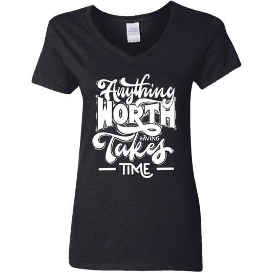 Anything Worth... White Detailed Ladies' 5.3 oz. V-Neck T-Shirt