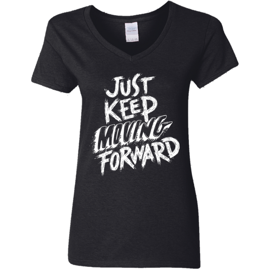 Keep Moving White Detailed Ladies' 5.3 oz. V-Neck T-Shirt