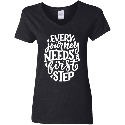 First Step White Detailed Ladies' 5.3 oz. V-Neck T-Shirt