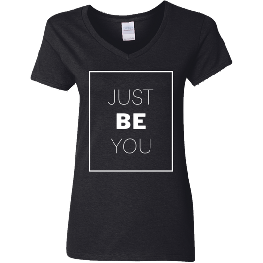 Just Be You White Detailed Ladies' 5.3 oz. V-Neck T-Shirt