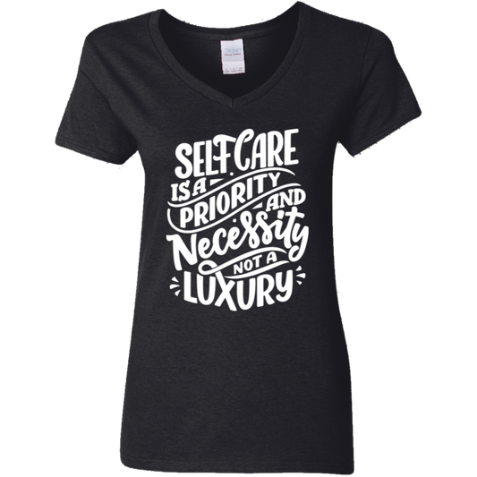 Not A Luxury White Detailed Ladies' 5.3 oz. V-Neck T-Shirt