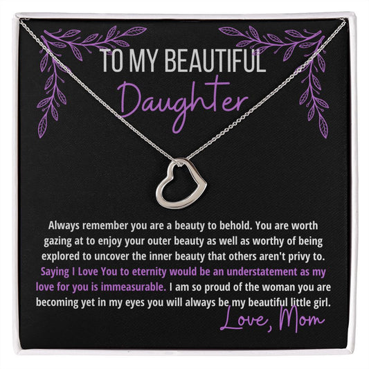 I Love My Beautiful Daughter Heart Necklace | Purple Letters & Graphics